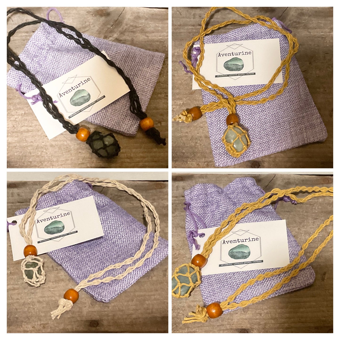 Hemp Rope Crystal Cage Adjustable Necklace with choice of Genuine Tumbled Crystal