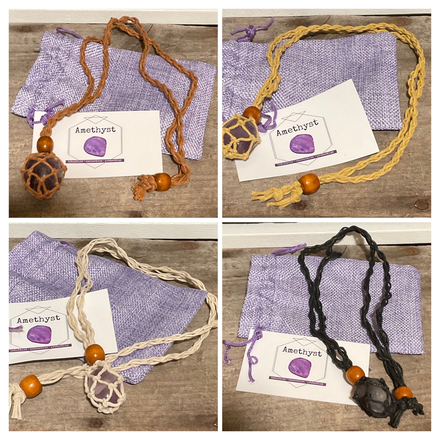 Hemp Rope Crystal Cage Adjustable Necklace with choice of Genuine Tumbled Crystal