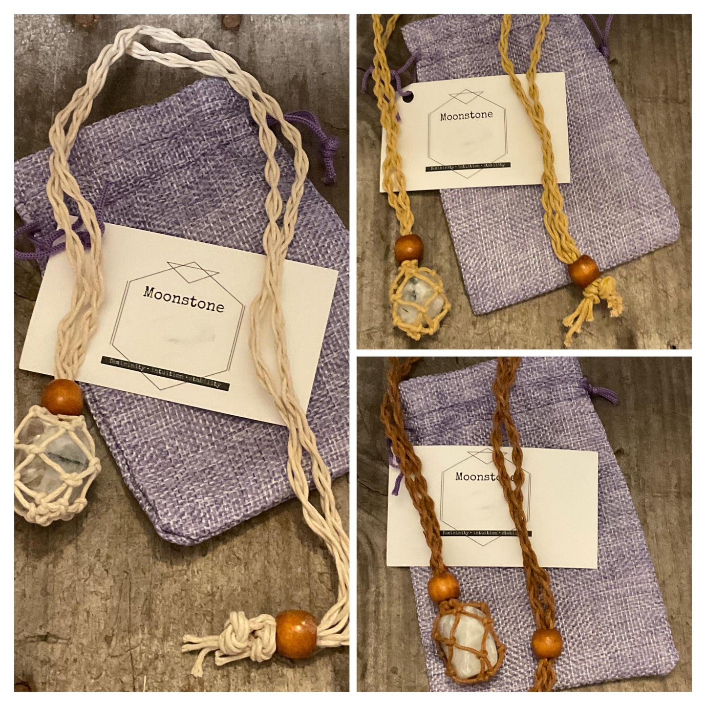 Hemp Rope Crystal Cage Adjustable Necklace with choice of Genuine Tumbled Crystal