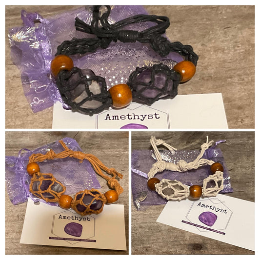 Hemp Rope Crystal Cage Adjustable Bracelet with choice of Genuine Tumbled Crystal
